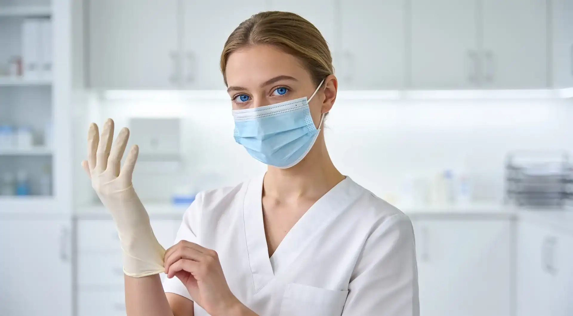A registered nurse putting on gloves in a clinic treatment room