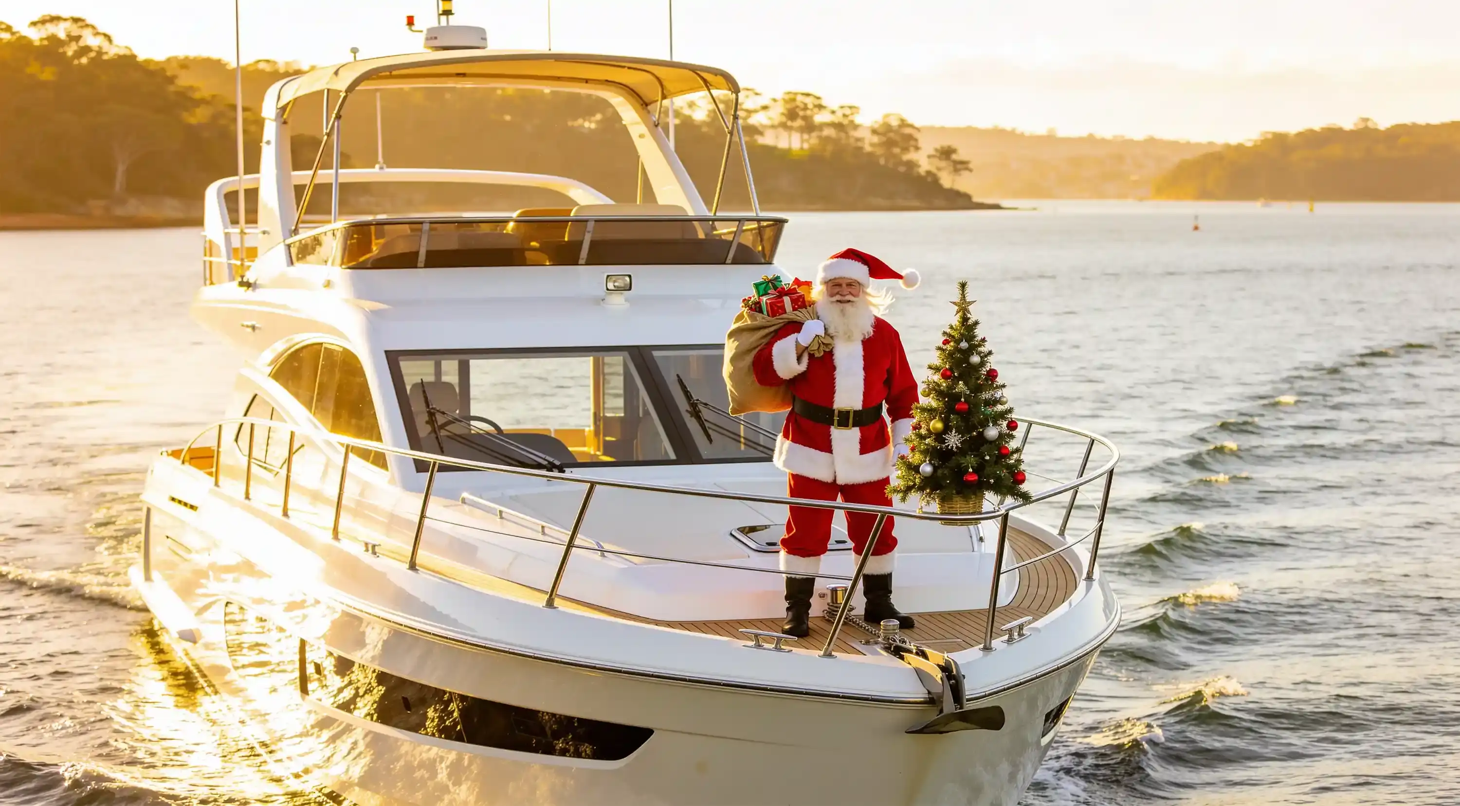 Santa Claus carrying a sack of presents and a decorated Christmas tree on the bow of a cruiser on Lake Macquarie at sunset