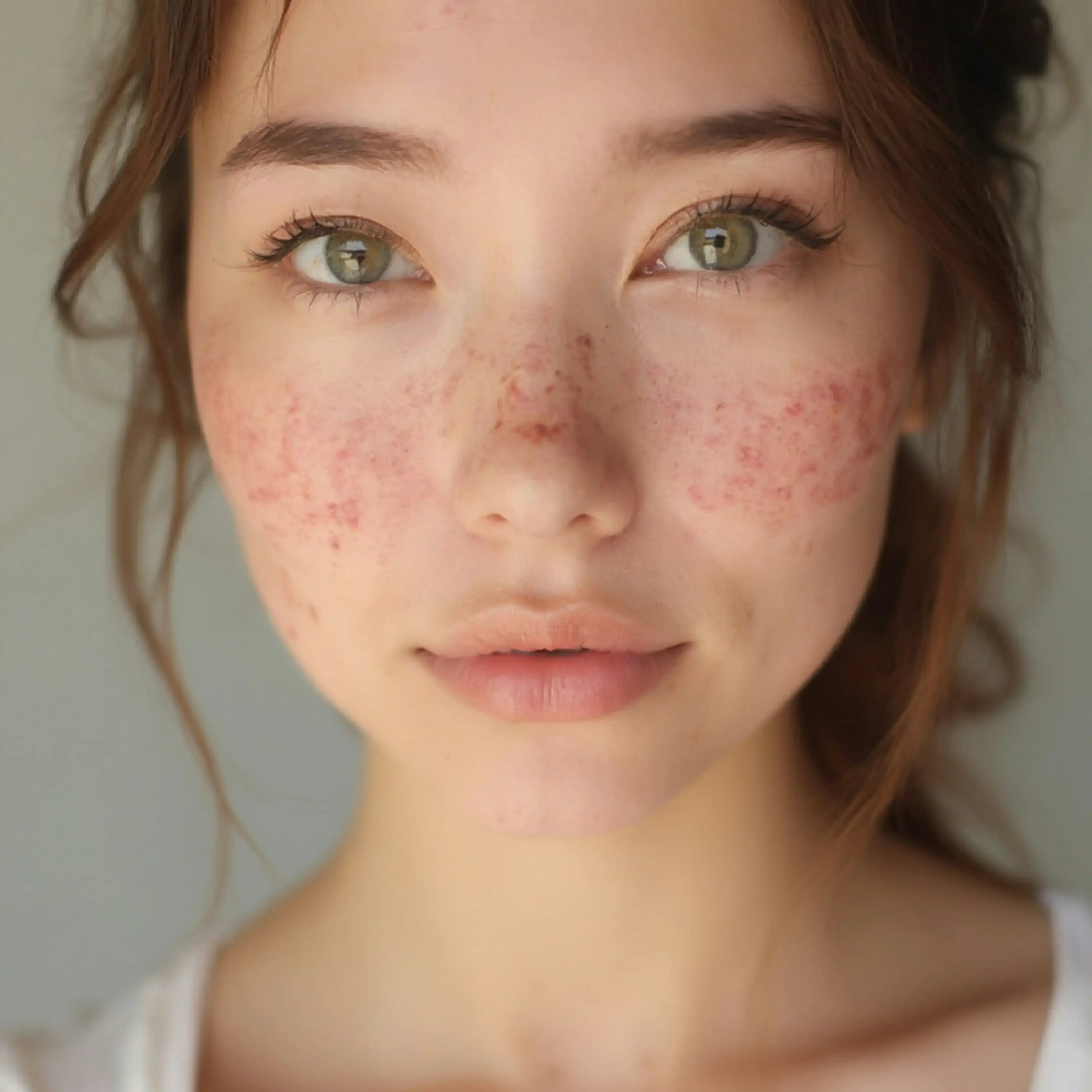 Close detail of a woman's face showing diffuse redness across both cheeks